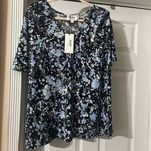 Leota Abstract Black and Blue V Neck blouse size 2X 🌹🌸🌺 BC BAG 04